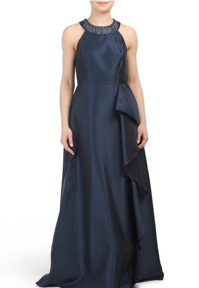 𝅺Adrianna Papell Midnight Blue Mikado Cascade Gown - Picture 1 of 17